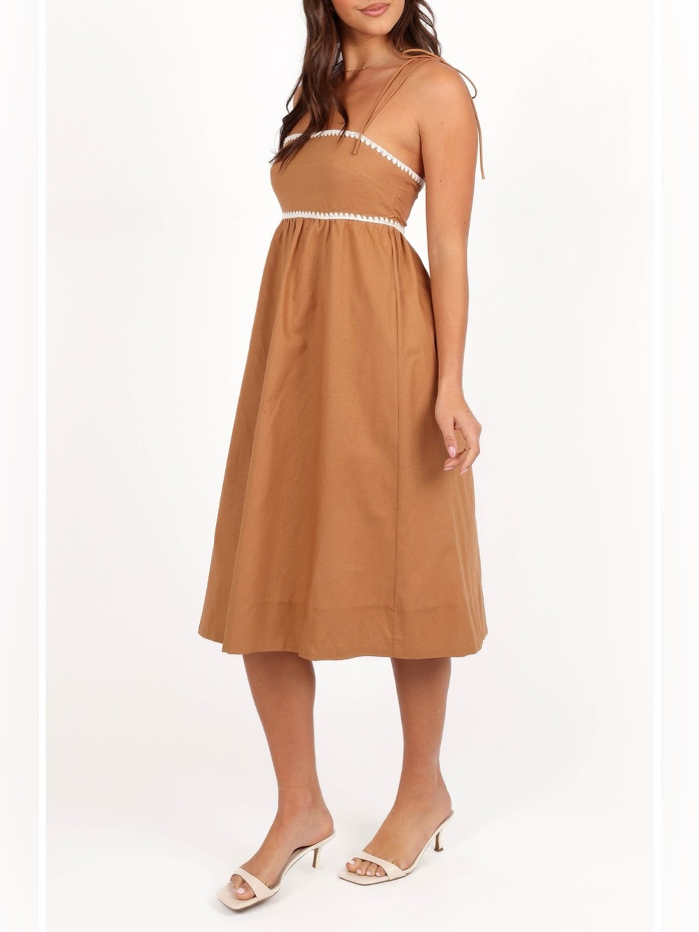 PETAL & PUP Lino Embroidered Tie Strap Midi Dress S